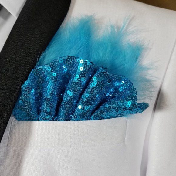NEW Turquoise Blue Sequin Ruffle & Feather Pocket Square Insert - Picture 7 of 7